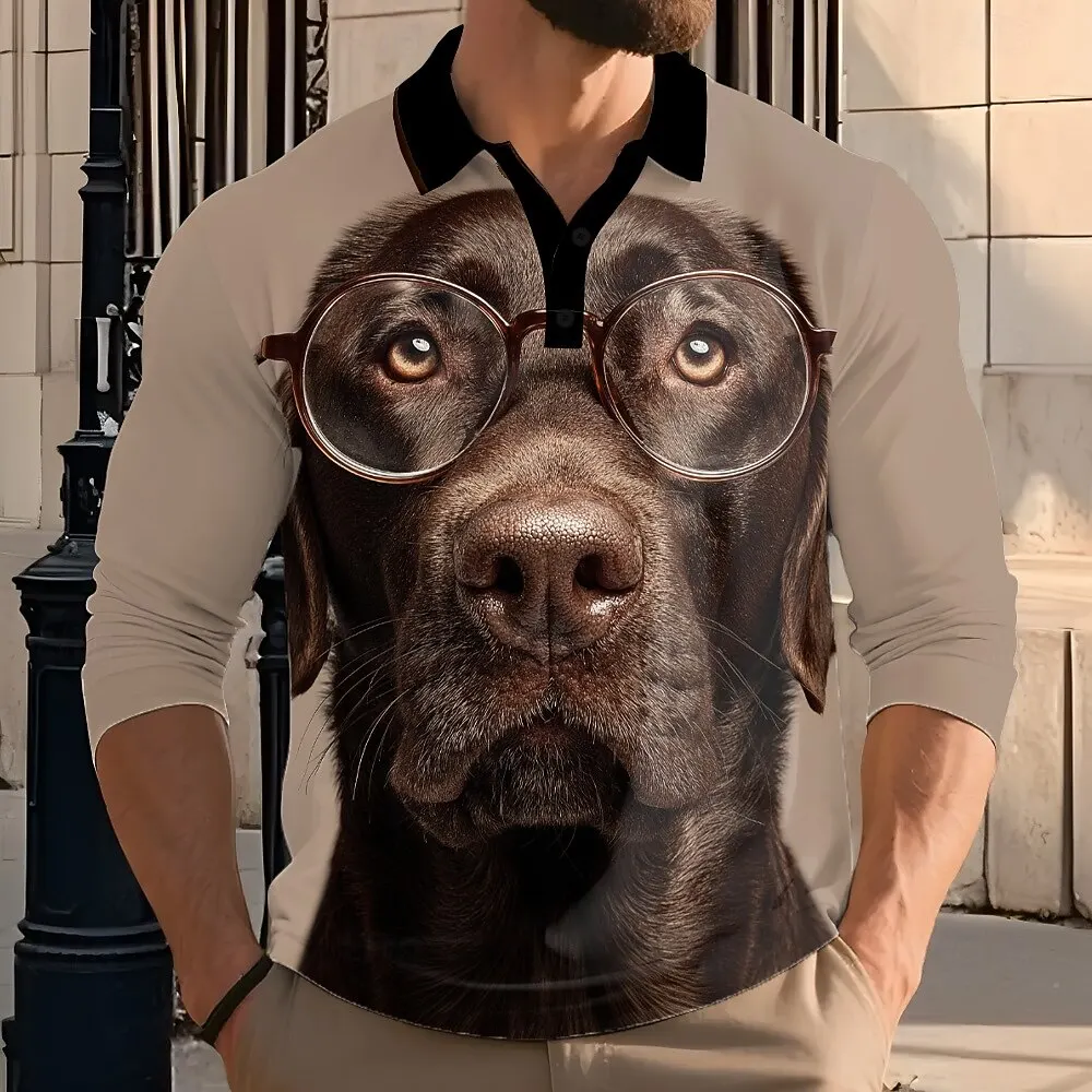 

Funny 3D Animal Dog Print Men's Polo Shirts Fashion Autumn Loose Daily Casual Pullover Creative Design Lapel Long Sleeve Clothes