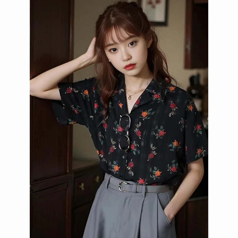 Vintage Printing Youth Shirt Tops Short Sleeve Polo Neck Loose High Street Blouse Women Clothing Fashion Casual Summer New Trend