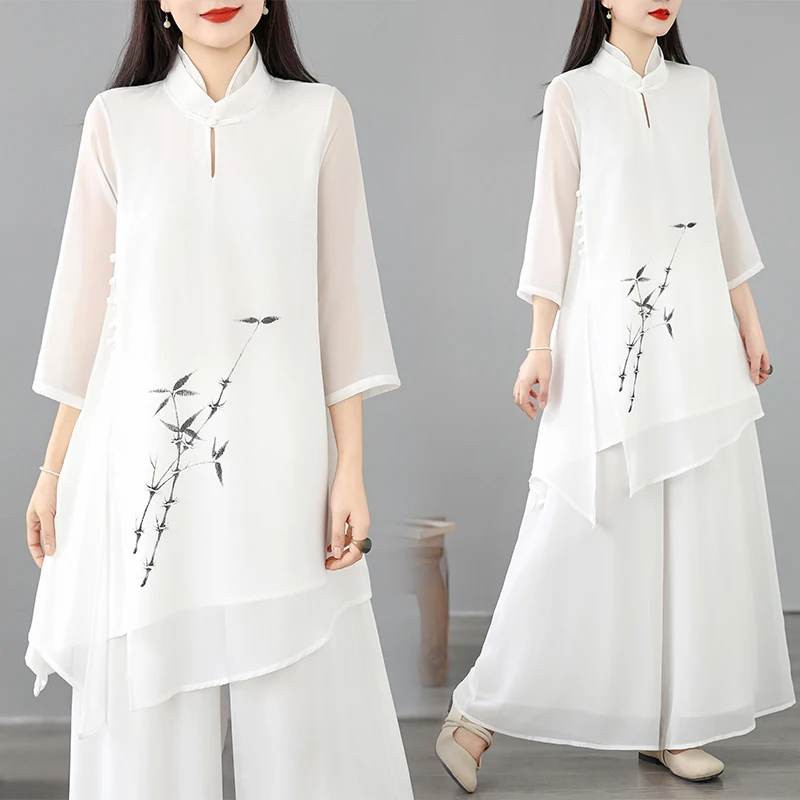 

Summer New Chinese Style Wide Leg Pants Set Women's Long Sleeve Chiffon Zen Tea Costume Mid-Length Seven-Sleeve Wind Top