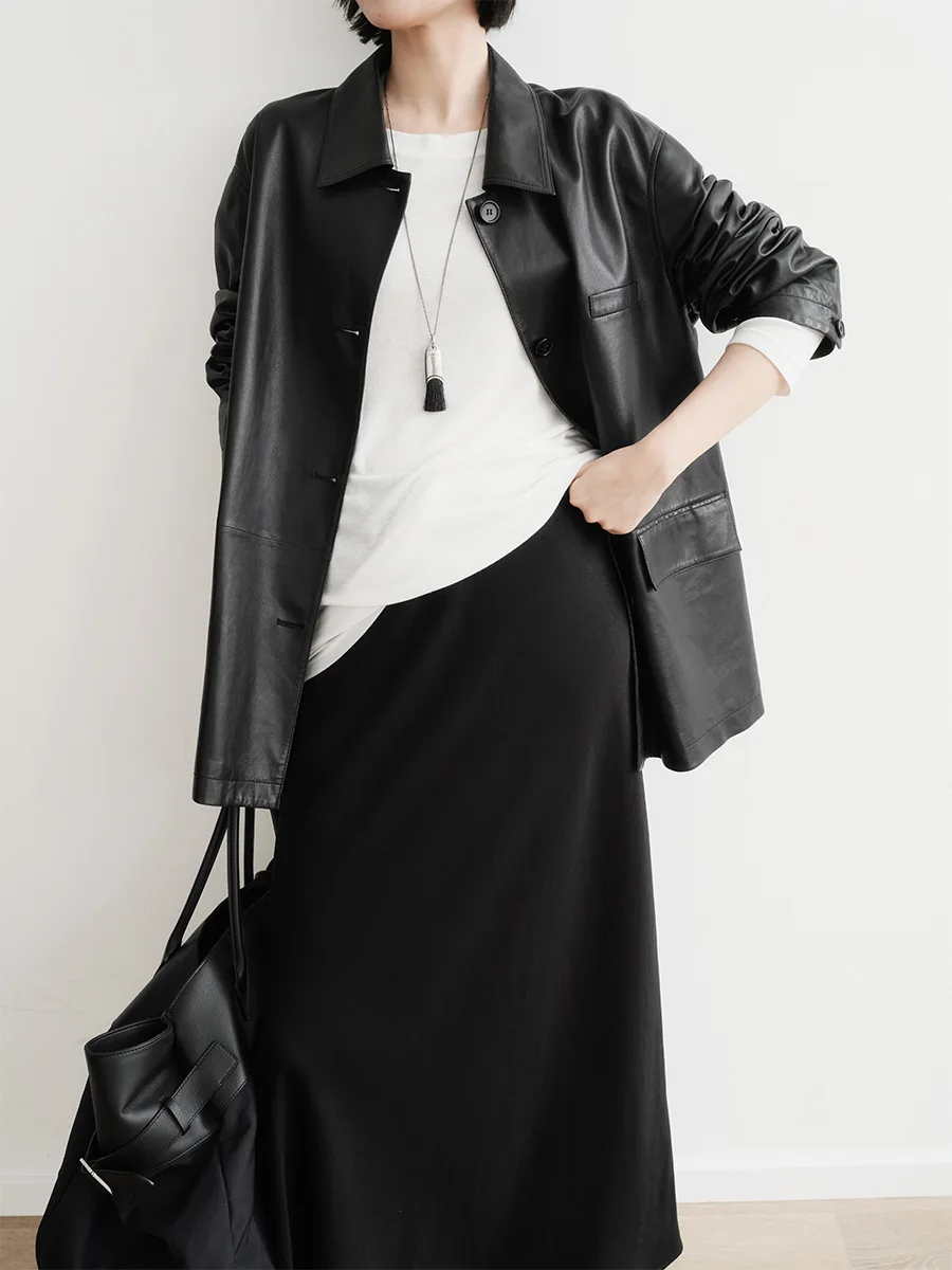 

Women's Leather Jacket, Coat, Small Lapel, Medium Length, Vegetable Tanned Sheepskin Leather, Windbreaker, Loose Casual Trench
