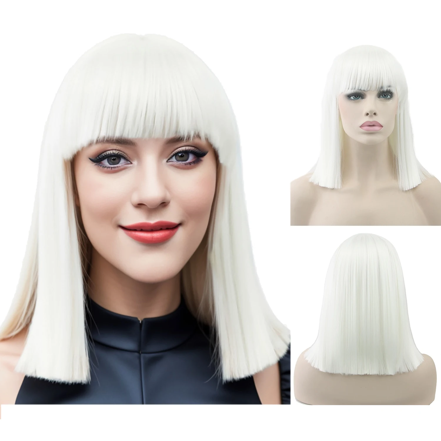 White Short Synthetic Cut Hair Cosplay Wig with Straight Bangs Halloween Costume Party Bob Wigs for Girls