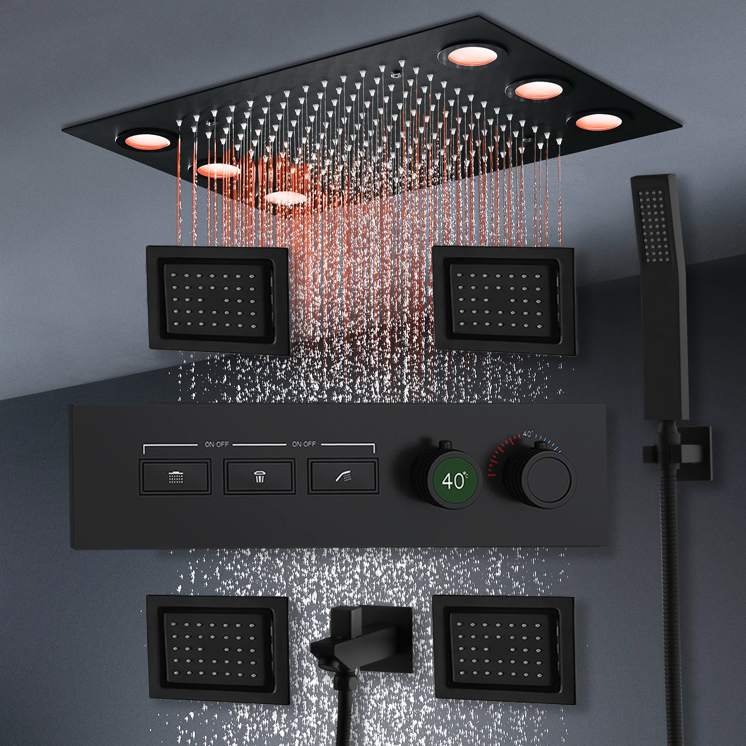 Smart Remote Led Shower Head Conjunto Sistema de Torneira Lateral Jet Misturador Termostático Interruptor de Botão de Válvula Painel de Chuveiro de Mão Painel 20x14in