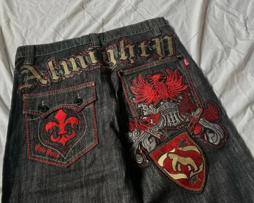 Y2K retro american high street patchwork letter embroidered jeans for men gothic Harajuku fashion wide leg jeans casual pants