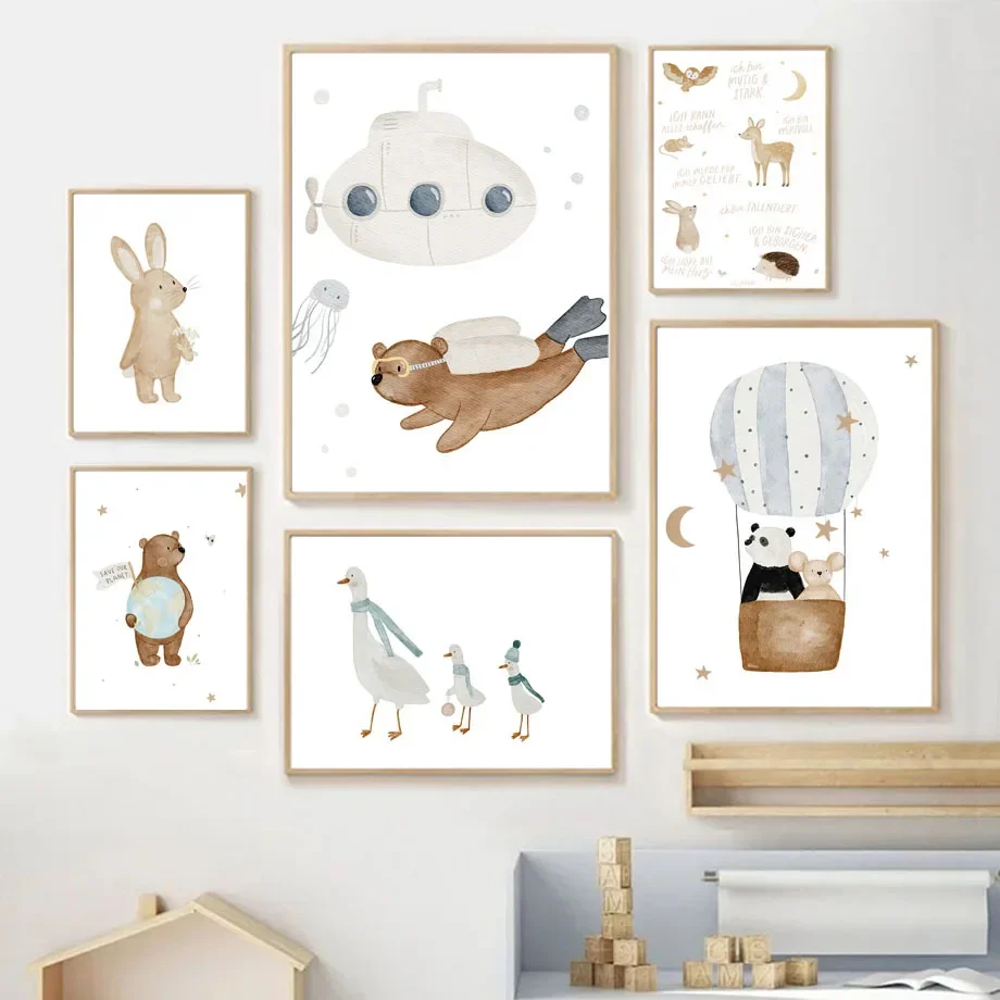 1pc frameless Canvas Painting Boho Space Rocket Bear Panda Rabbit Nursery Poster Cartoon Wall Art Print Canvas Painting Baby Kid