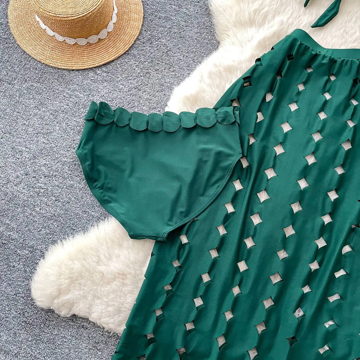 Green Sexy Beach 3 Piece Sets Women Hollow Flower Half Skirt Seaside Three Pcs Set Summer Atmosphere Vintage Outfits