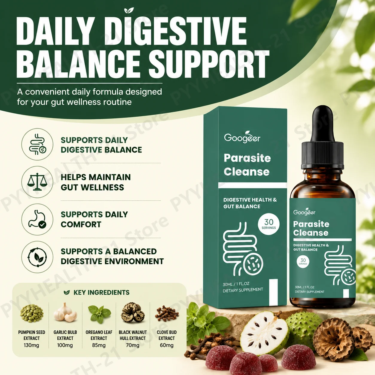 Googeer Intestinal Care Drops with Pumpkin Seed and Garlic Support Daily Intestinal Comfort Gut Balance 30 Servings Non GMO