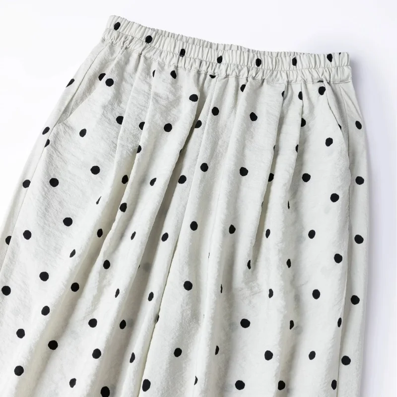 Birdtree, 76% Silk 24% Nylon Pants, Dot Printed, Women Dry Silk Casual Harem Trousers, Elastic Waist, 2026 Summer New P66717JF