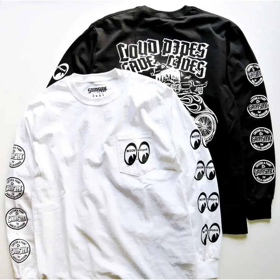 

MOONEYES & SAMSMC осень и зима, локомотив, скейтборд, уличная японская иллюстрация, футболка с длинными рукавами