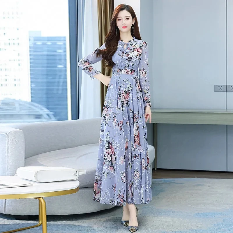 

2024 Floral Vintage Chiffon Long Sleeve Dress Spring Autumn Womens Fashion Prom Maxi O-Neck Bodycon Evening Midi Dresses