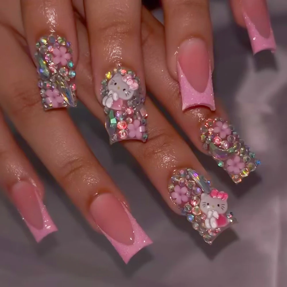 24Pcs Y2K Cartoon Glitter Pink False Nails HelloKitty Press On Nails with Rhinestone/Five-petal Flower French Deisgn for Wedding