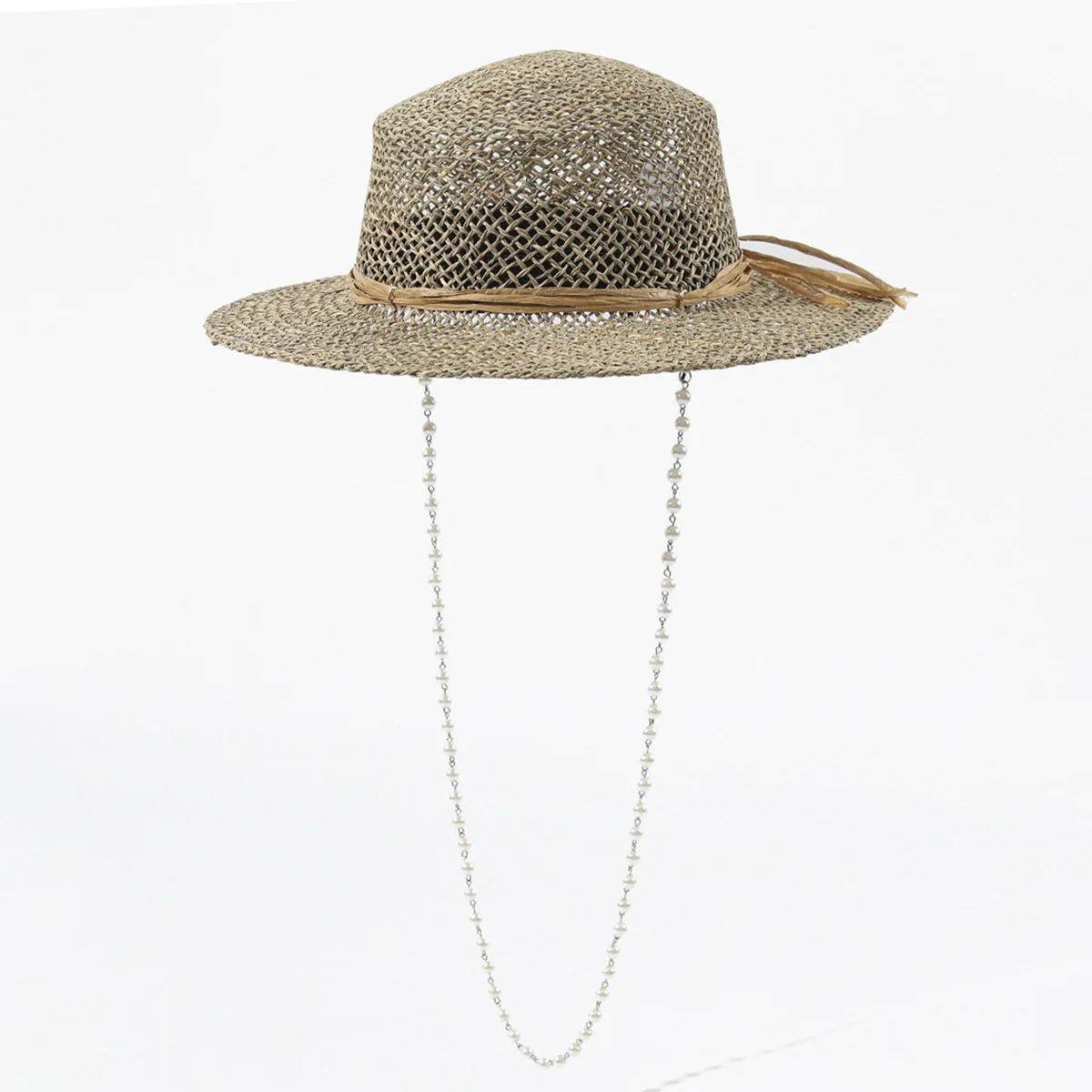 Women's Summer Pearl Necklace Straw Sun Hat, Fashion Salt Grass Sun Cap, Spring Summer Sun Protection Hat