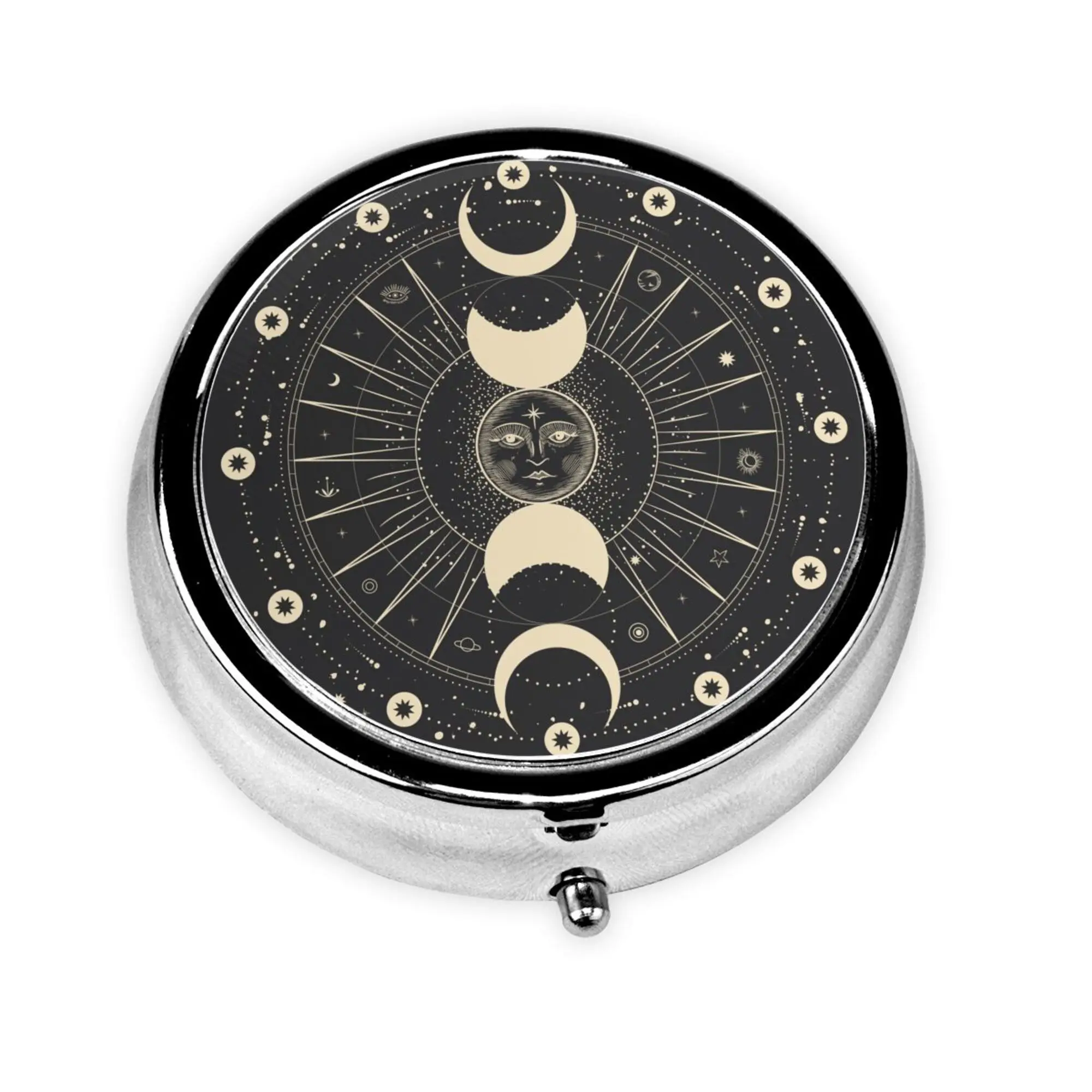 Metal Round Pill Box Moon Star Mystic Sun Astrology Tarot Goth Medicine Case Organizer 3 Compartment Container for Purse Vitamin