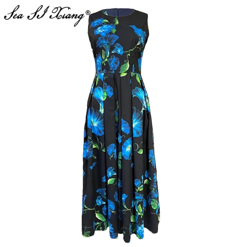 Seasixiang Fashion Designer Summer Cotton Dress Women O-Neck Sleeveless Night Blue Morning Glory Flower Elegant Party Dresses