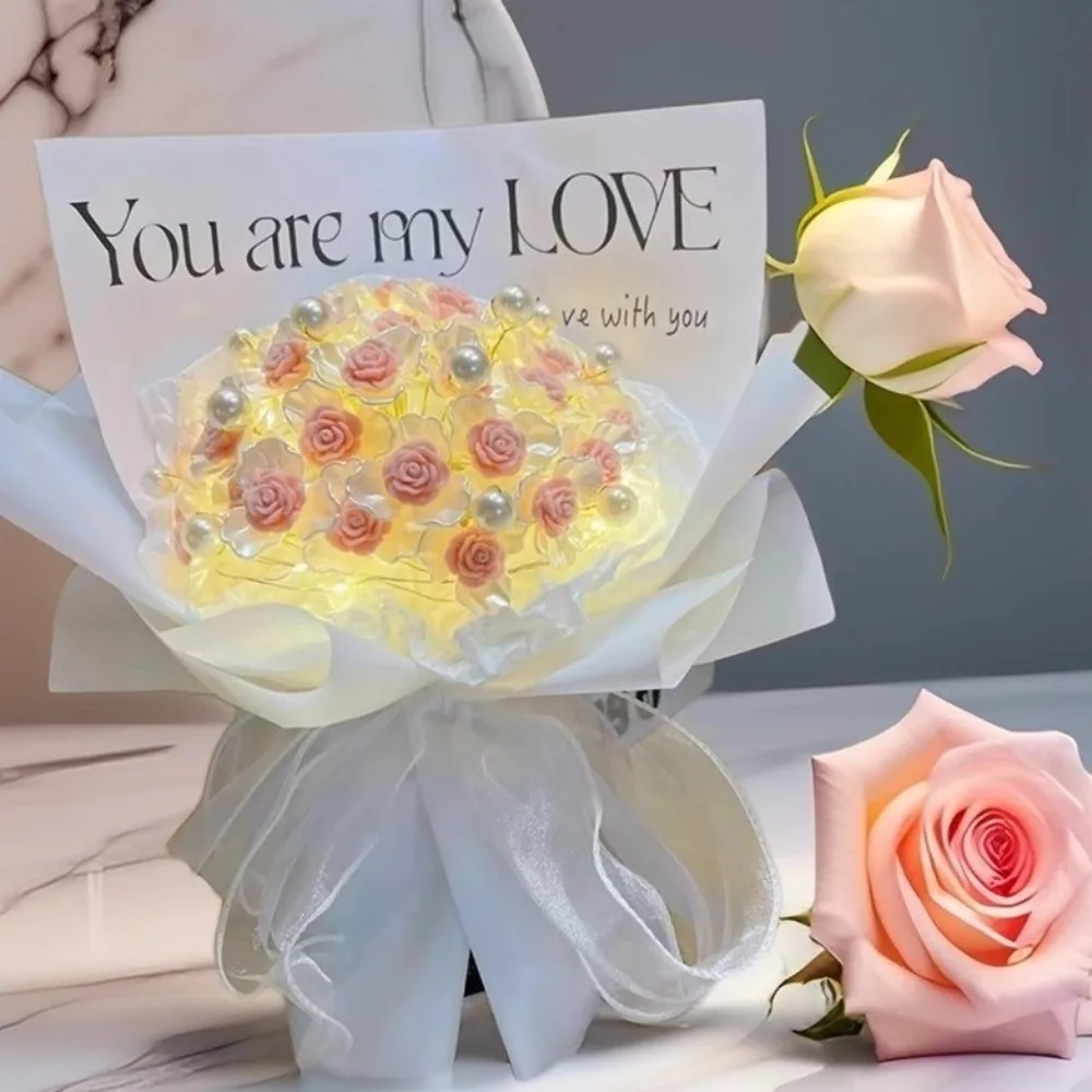 Ramo de rosas DIY con perlas y cinta luminosa, flores artificiales románticas, paquete de materiales, conjunto hecho a mano, regalo de San Valentín a la moda