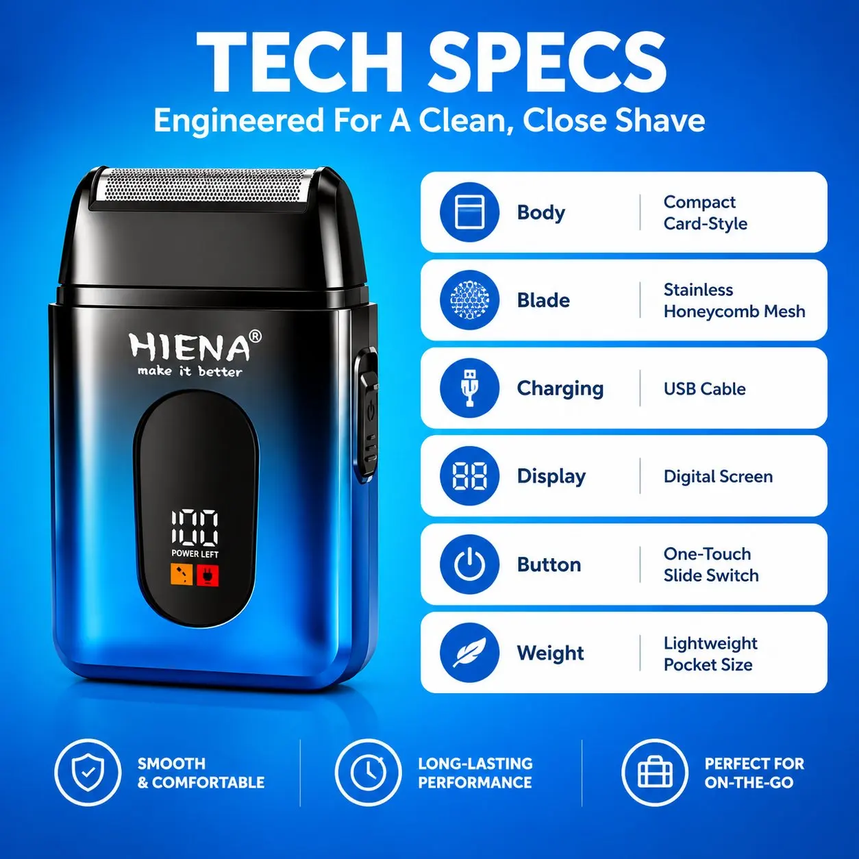HIENA Men Reciprocating Electric Shaver Blue Digital Power Display Portable Rechargeable Beard Trimmer USB Charging Mini Travel Shaving Razor For Men view 5