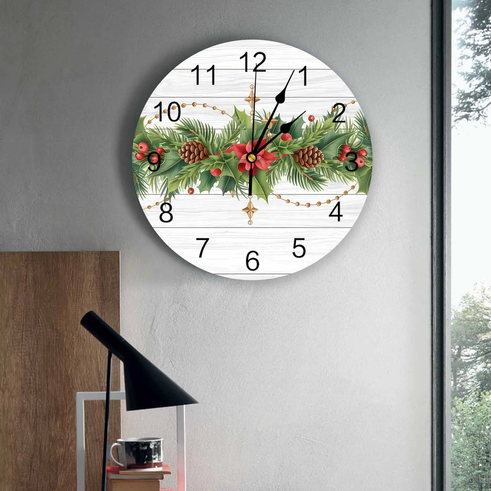 

Настенные часы для спальни, деревянное зерно, пуансеттия, сосновая ветка, часы для гостиной, украшения для детской комнаты, кабинет, бесшумные настенные часы
