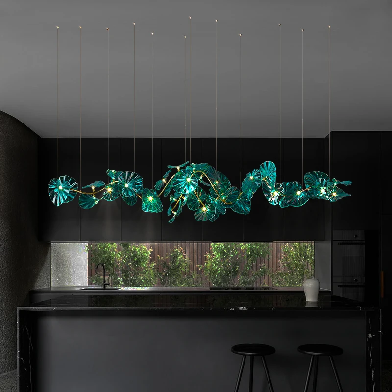 Postmodern Light Luxury New Chinese Style Elegant Villa Hotel Hall Hollow Staircase Light Glass Ink Green Dining Pendant Light