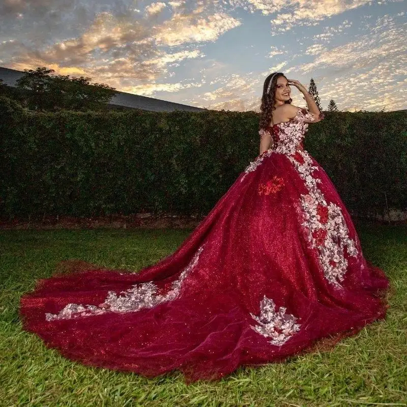 

Burgundy Quinceanera Dress Ball Gown 3D Flowers Applique Beaded Long Sleeve Corset Sweet 16 Vestidos De XV 15 Anos