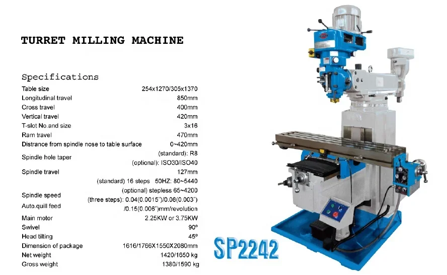 SP2242 Chinese vertical turret manual metal universal milling machine for metal processing Sumore