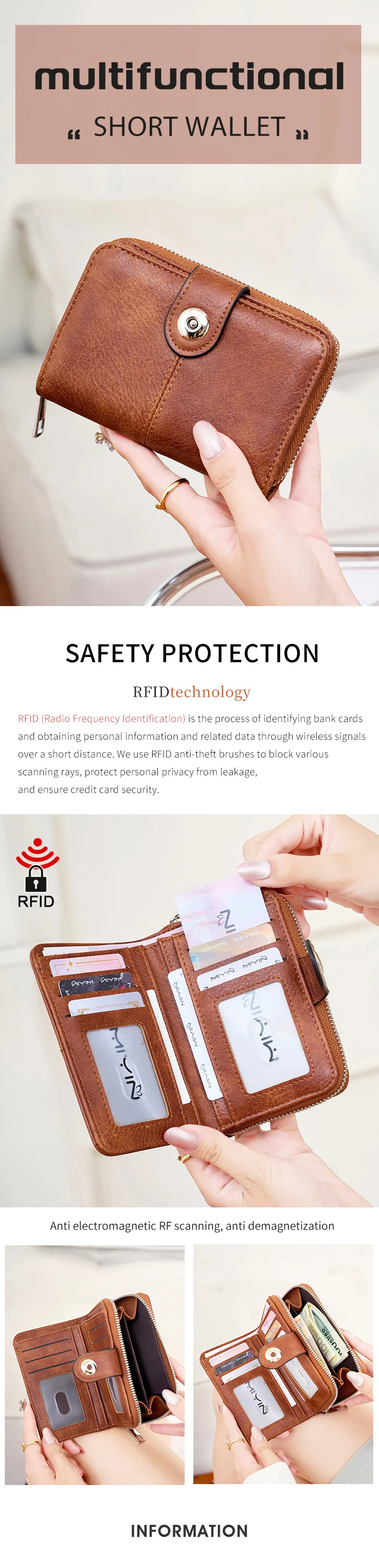 Vintage Damen RFID-blockierende Multifunktions-Kurzgeldbörse, Modische Großraum-Reißverschluss-Münzbörse, Einfacher Ausweis- und Kreditkartenhalter – Detail 1