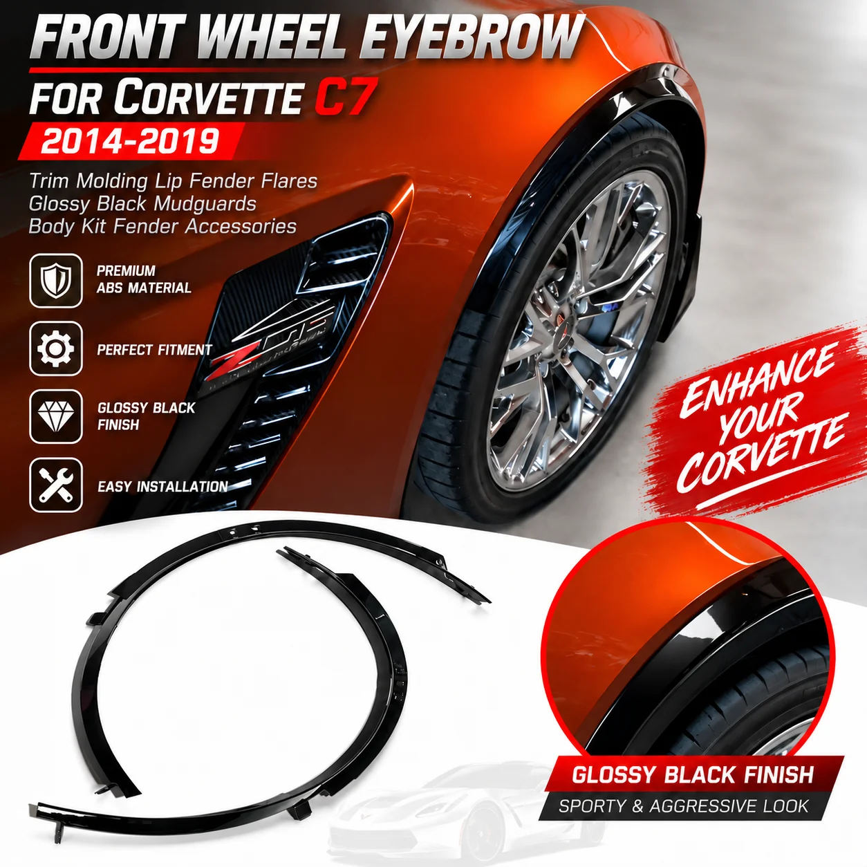 Front Wheel Eyebrow For Corvette C7 2014-2019 Trim Molding Lip Fender Flares Glossy Black Mudguards Body Kit Fender Accessories