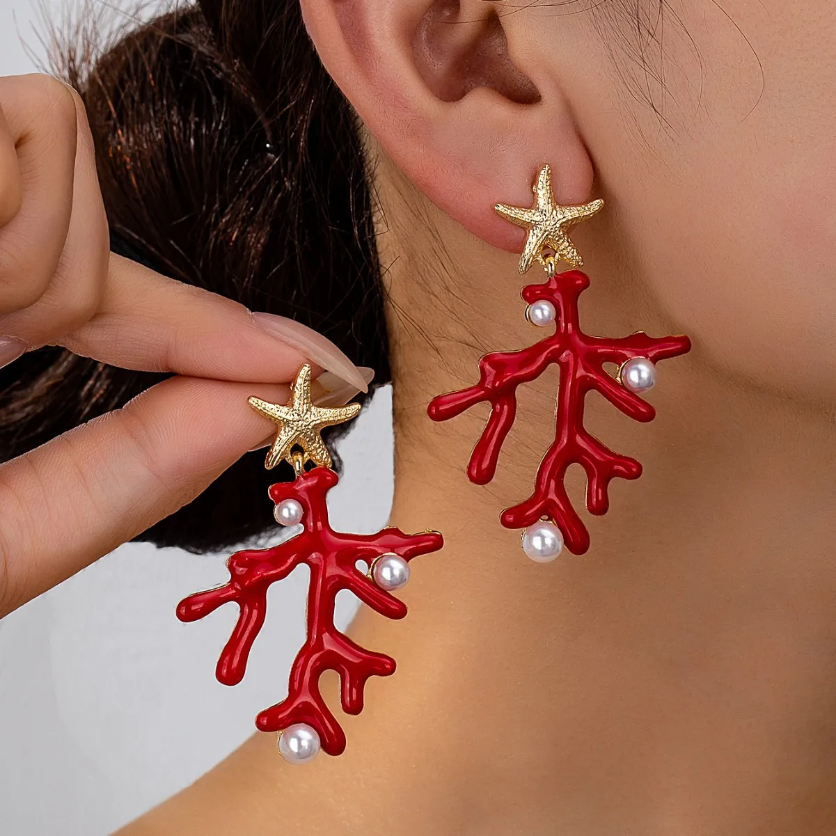 Fashion Red Coral Earrings for Women Elegant Imitation Pearls Starfish Earrings Bohemia Summer Beach Jewelry Accessory