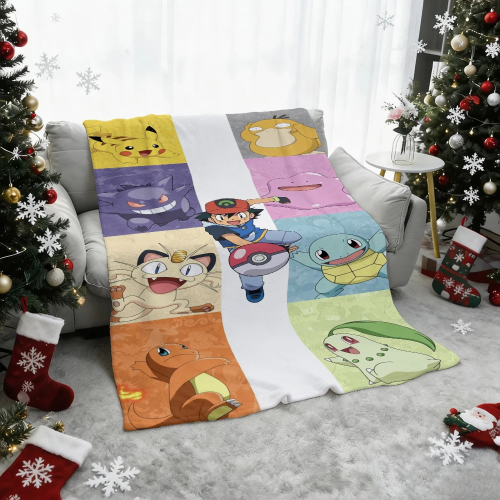 Pokemon Pikachu Gengar Bulbasaur Charmander Squirtle Psyduck Flannel Throw Blanket Soft Warm Blanket for Sofa Bed Home Decor Gif
