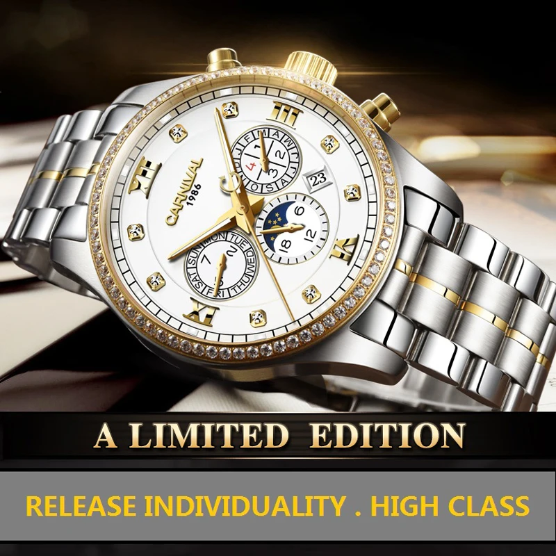 CARNIVAL Luxury Diamond Watch 2024 New Fashion Men Mechanical Watch Watches Stainless Steel Strap Luminous Waterproof Reloj 8734