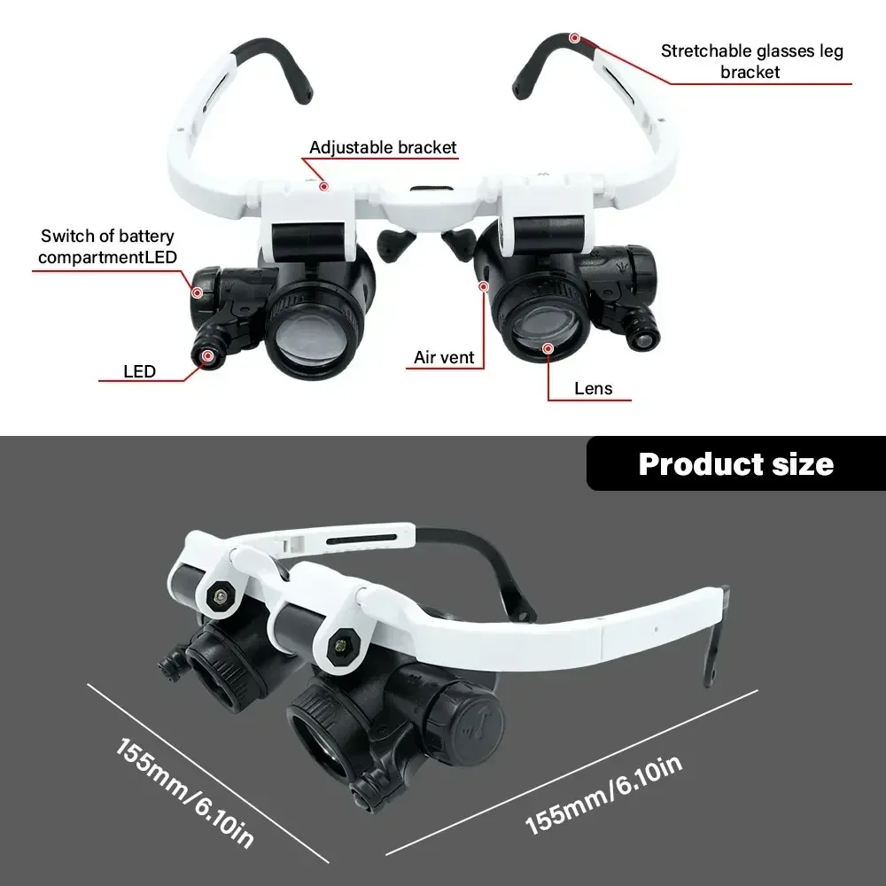 LED-Kopfvergrößerungsglas mit verstellbarem Kopfband, Lupenlinse, Vergrößerungsbrille, 23X, 15X, 8X, 2X, für Uhren- und Schmuckreparaturen. – Detail 6