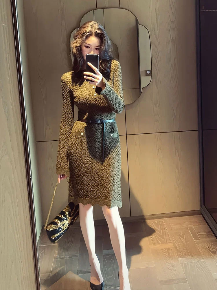 

Spring Early Season een Knitted Dr Ele High Waist A-Line Skirt Long Sve Commute Sle Polyester Fiber Dr