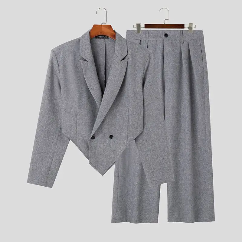 INCERUN 2023 Men Sets Solid Color Autumn Lapel Long Sleeve Irregular Blazer & Pants 2PCS Streetwear Fashion Men's Casual Suits