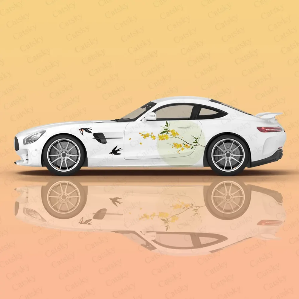 Custom Yellow Flower Racing Car Graphic Decal Full Body Vinyl Wrap Modern Design Vector Image Wrap Sticker Decorative Car Decal