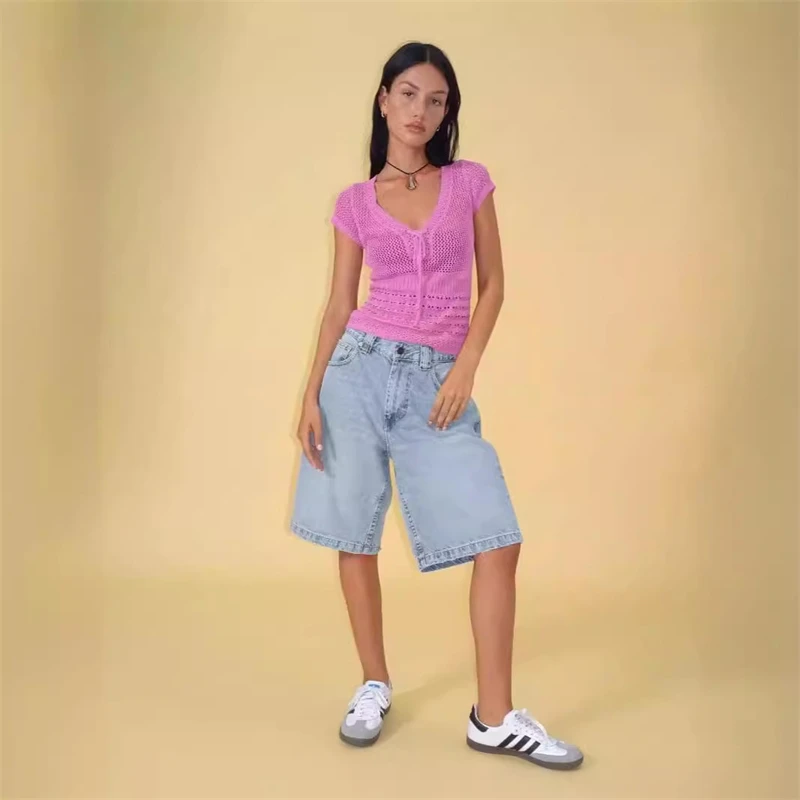 Pantaloncini midi in denim elasticizzato vestibilità ampia vintage da donna Pantaloni capri Pantaloni casual estivi a vita alta Abbigliamento casual retrò occidentale