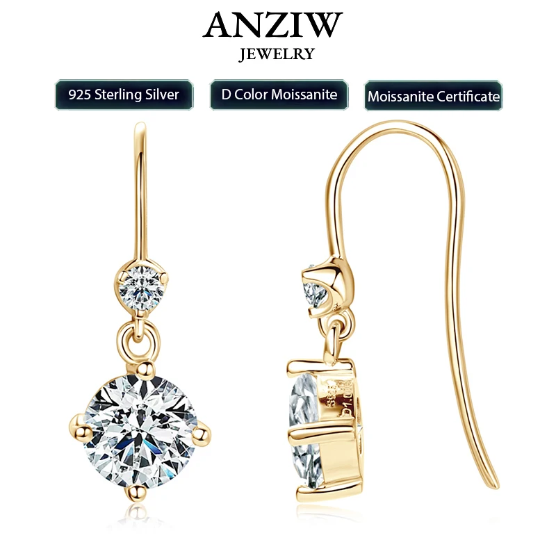 

Anziw Hook Earrings Real 925 Silver 6.5mm 1ct Round Moissanite Drop Dangle Earring Certified Wedding Jewelry for Women Gift