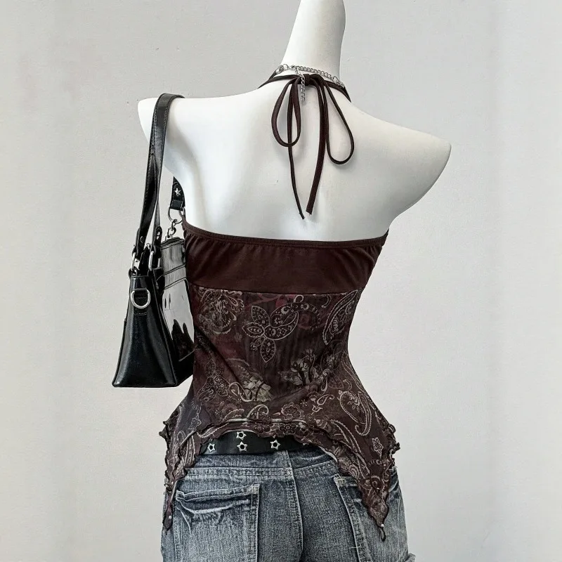 Sexy Spicy Girl Sleeveless Halter Tops Women's Printed Mesh Splice Slim Fit Backless Camisole Summer Fashion Elegant Crop Top