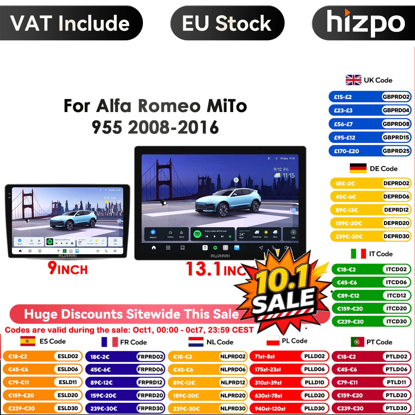 Hizpo 8Core 8G + 256G Auto Schermo Intelligente CarPlay Android Auto Radio per Alfa Romeo MiTo 955 2008-2016 Navigazione GPS Video Auto Sistema Intelligente AI Voce Smart QLED 2K Schermo 1920*1200