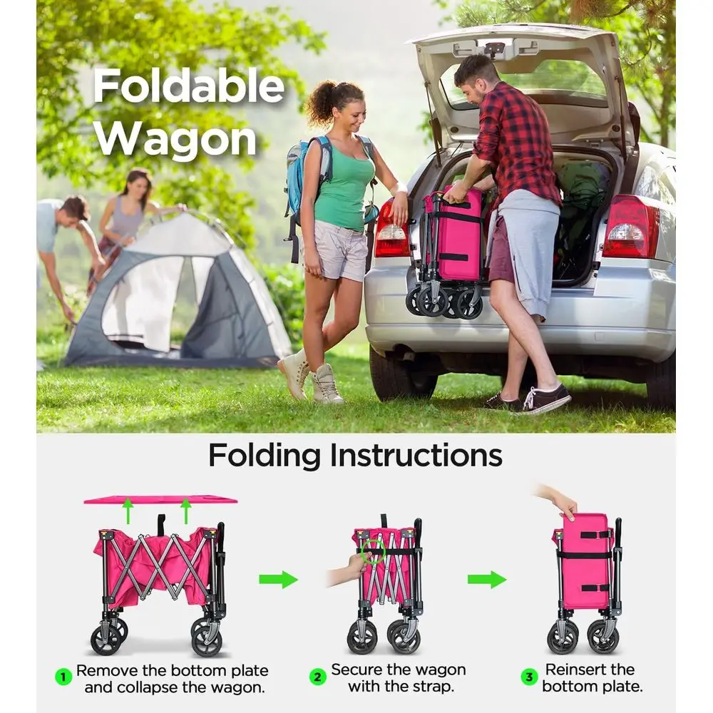 Draagbare all-terrain vouwwagen voor tuin, boodschappen, sport, kamperen - capaciteit van 220 lbs, grote wielen, roze