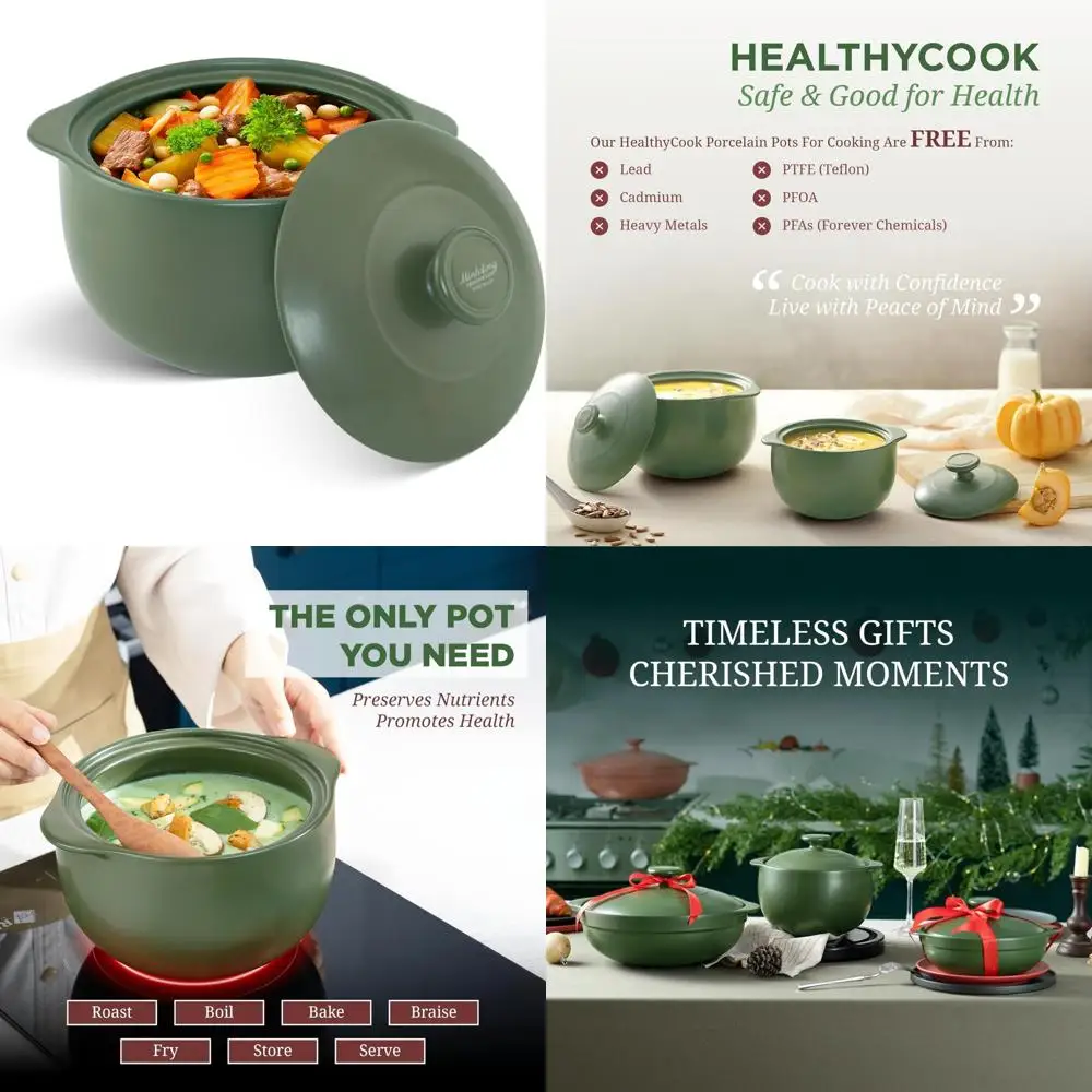 

Porcelain Dutch Oven 3-Quart, Lead-Free and Cadmium-Free, Oven Safe Up to 482°F, Excellent Heat Retention, Ideal for Clay Pot Co