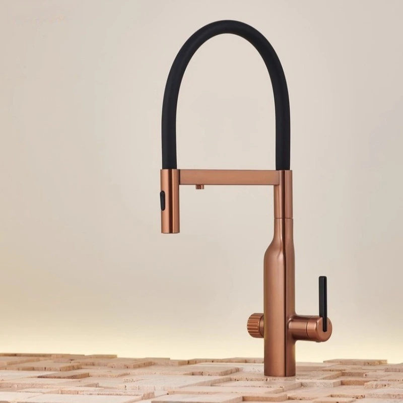 59A Refined Copper Three-in-one Faucet, Kitchen Washbasin, Cold and Hot Water Three-purpose Water Purifier, Pull-out Faucet