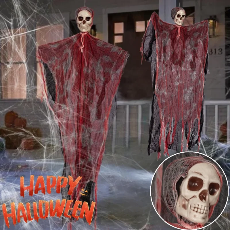 

Halloween Bloody Ghost Ornaments Hanging Decor with Scary Skull Props and Blood Red Gauze for Spooky Party Scene Setup