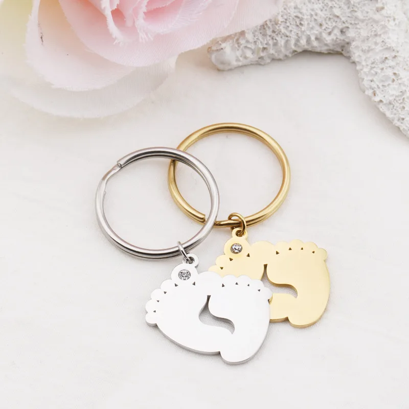 

10Pcs/Lot Cute Baby Foot Rhinestone Key Chain Mirror Polished Stainless Steel Keyring For DIY Making Jewelry Accessories