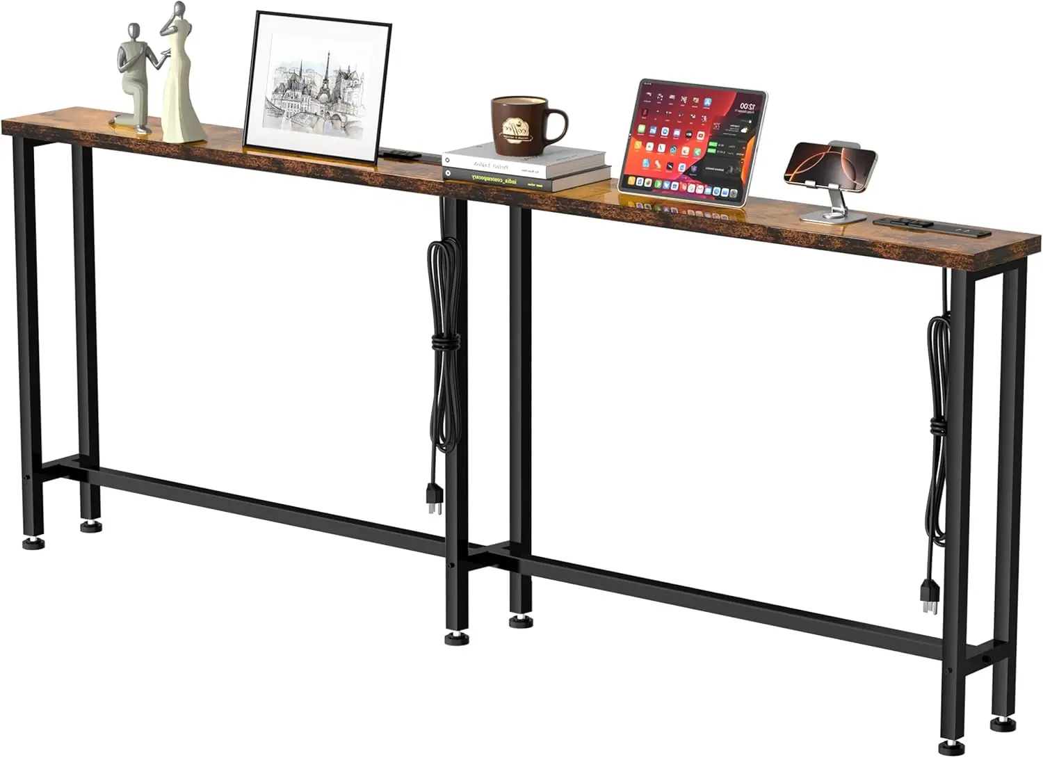 102" Sofa Table with Built-in Power Strip, 4 AC Outlets & 4 USB Ports, Metal Frame, Easy Assembly for Living Room