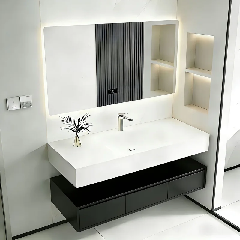 `Hotel Style Sintered Stone Vanity Seamless One-Piece Basin Hot Bending Bathroom Cabinet Combo Hand Wash Face Sink Furniture