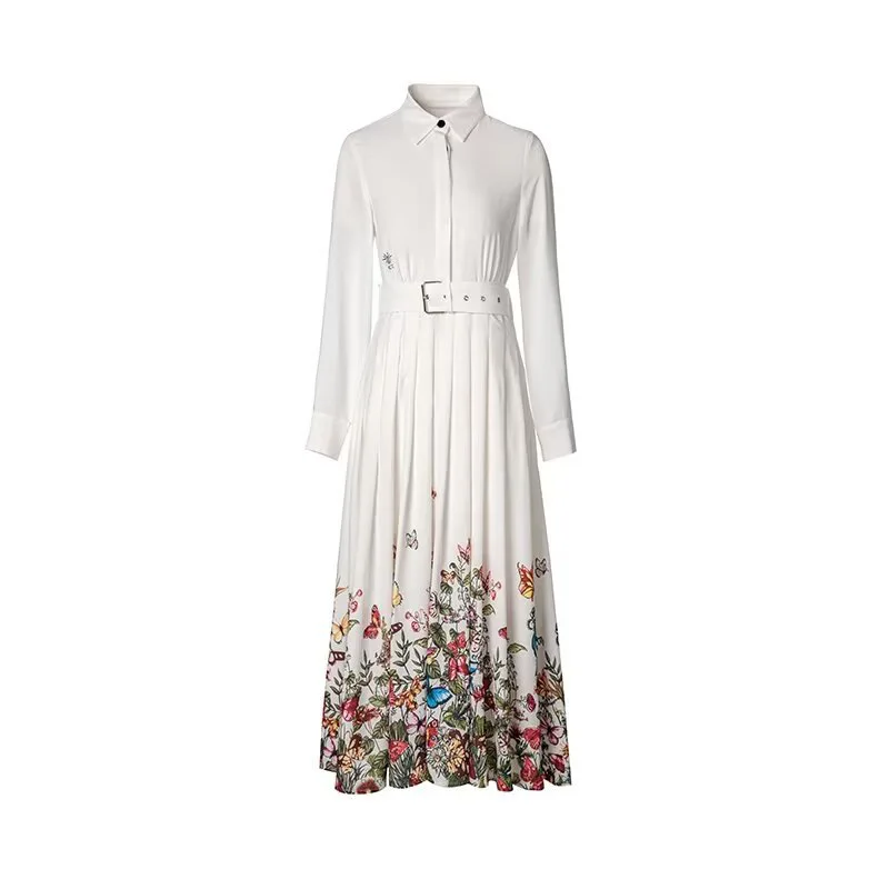 

Women Full Sleeve Turn-Down Collar Dress A-Link Dress Princess Kate Print Dress With Belt 09631