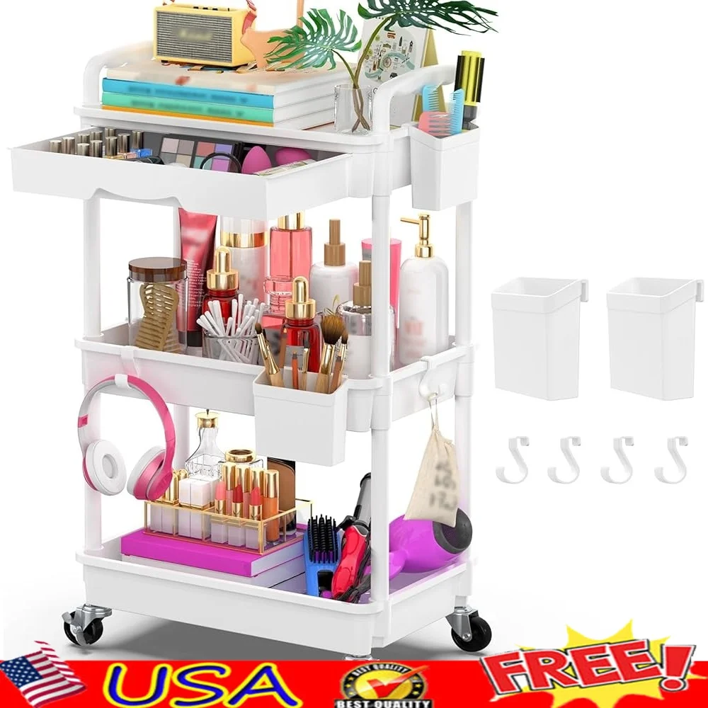 

3 Tier Rolling Utility Cart Organizer with Removable Drawer Lockable Wheels Storage Carts Home Office Classroom Garage Kitchen