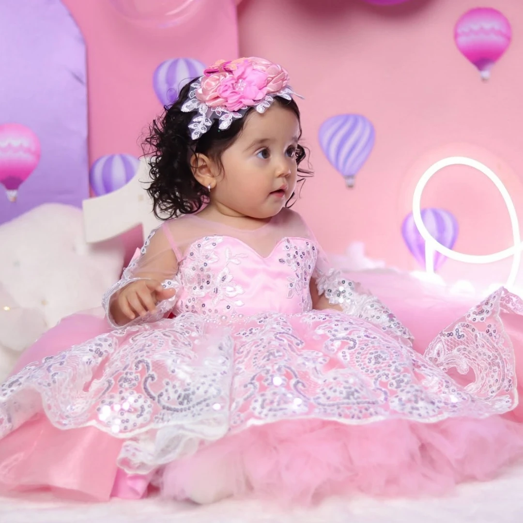 

Customized Pink Flower Girl Dress Sequin Floral Appliques With Bow Long Sleeve For Wedding Birthday Prom Holy Communion Gown