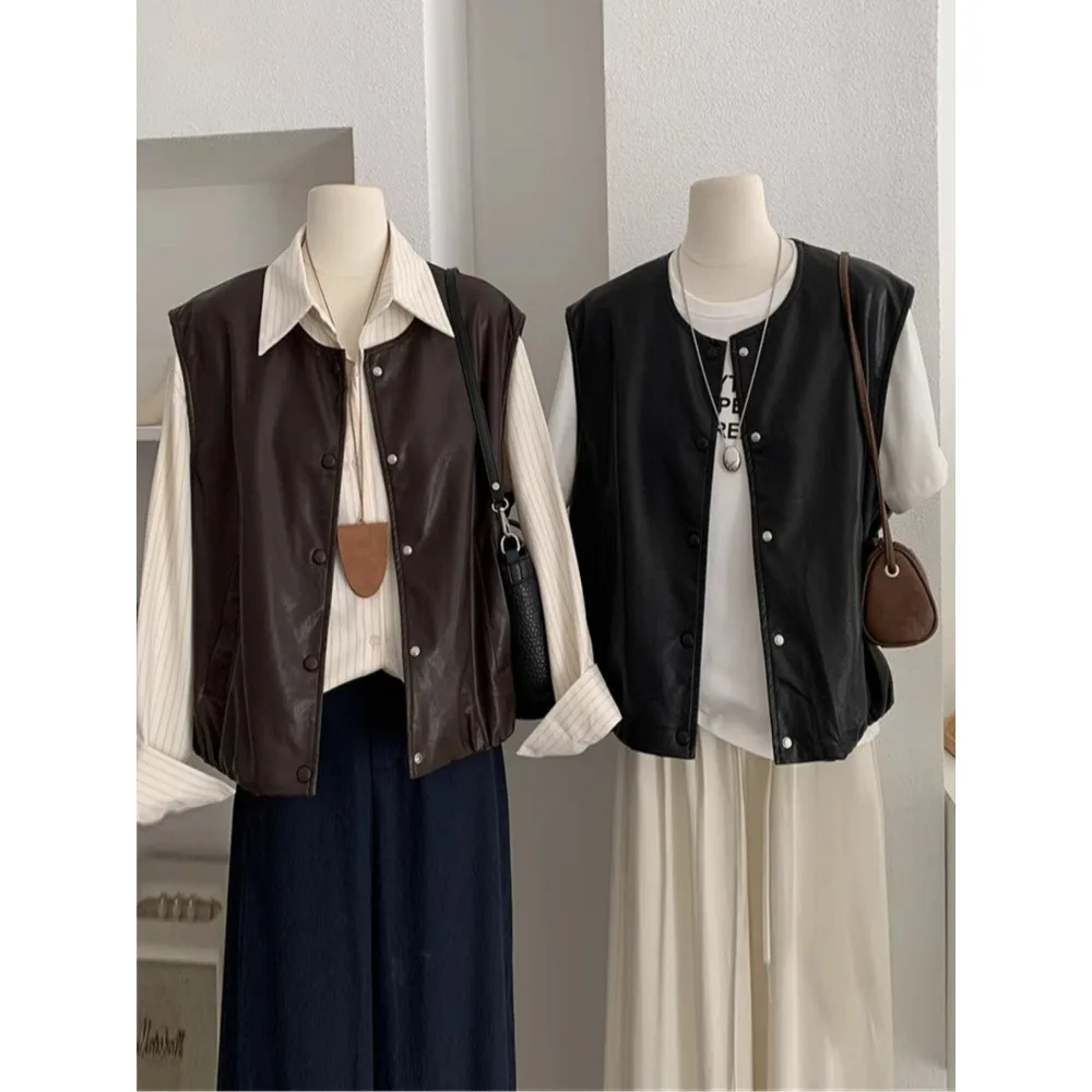 

Винтажный повседневный жилет из искусственной кожи, куртка без рукавов, новинка 2024, осенний многослойный однобортный топ свободного покроя