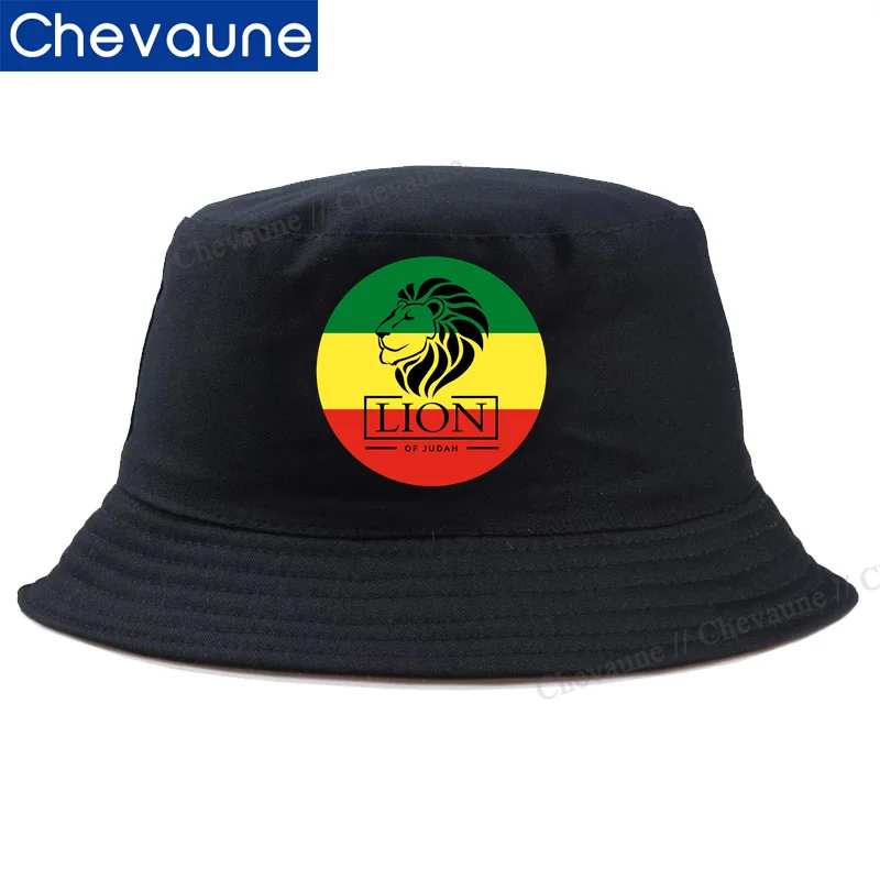 

Reggae Lion of Judah Rastafari Flag Funny Design Caps Ethiopian Empire Pattern Bucket Hats Summer Travel Beach Sun Caps Unisex