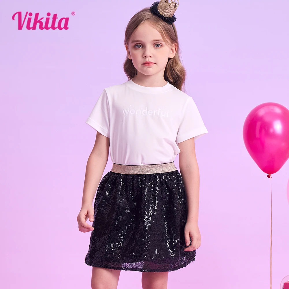 VIKITA Kids Black Sequined Appliqued Skirts Girls Birthday Party Performance Prom Princess Fashion Mini Skirt Children Clothes