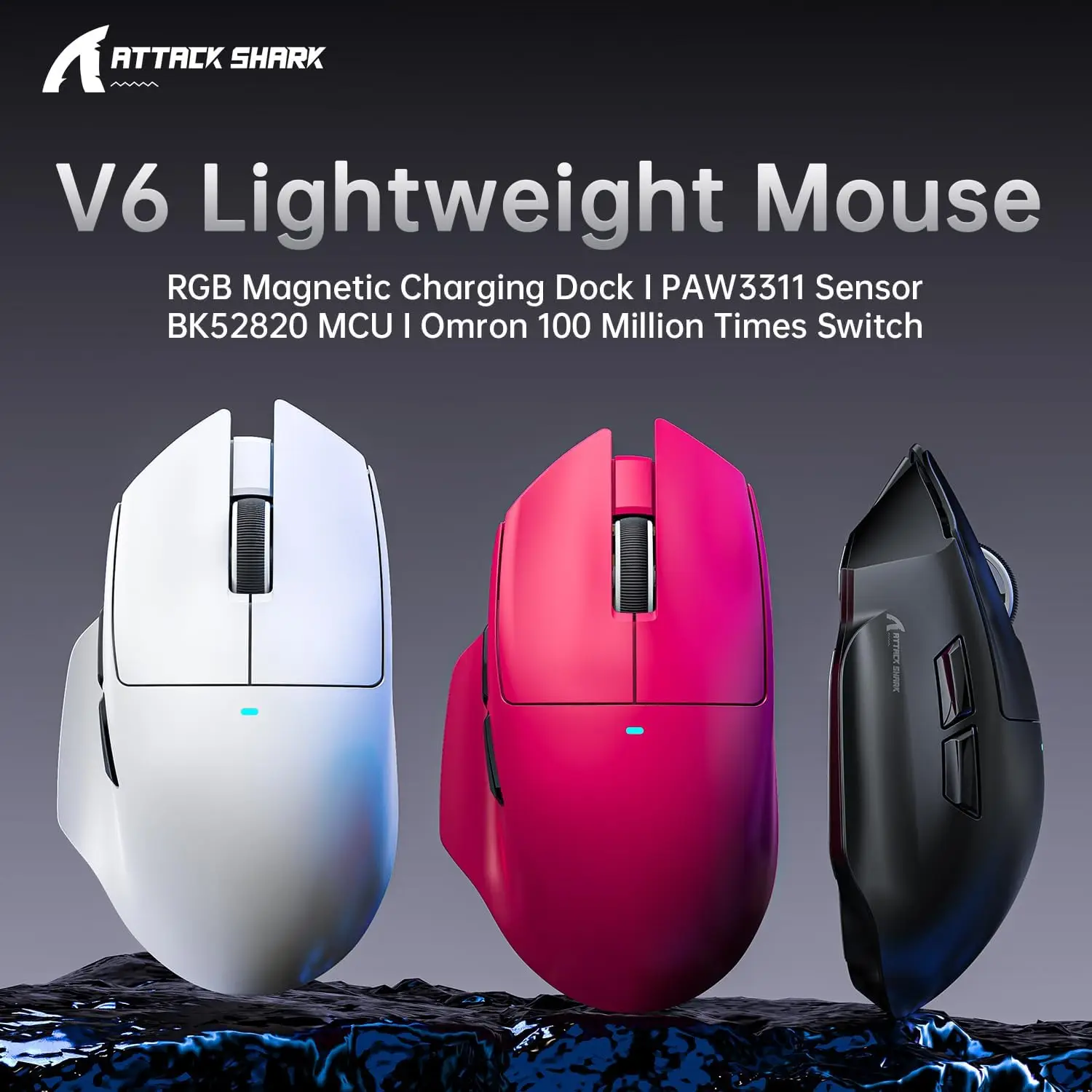 ATTACK SHARK V6 65g Superlight Wireless Gaming Mouse with RGB Magnetic Charging Dock,BT/2.4GHz Wireless/Wired Mouse 1K Polling,P